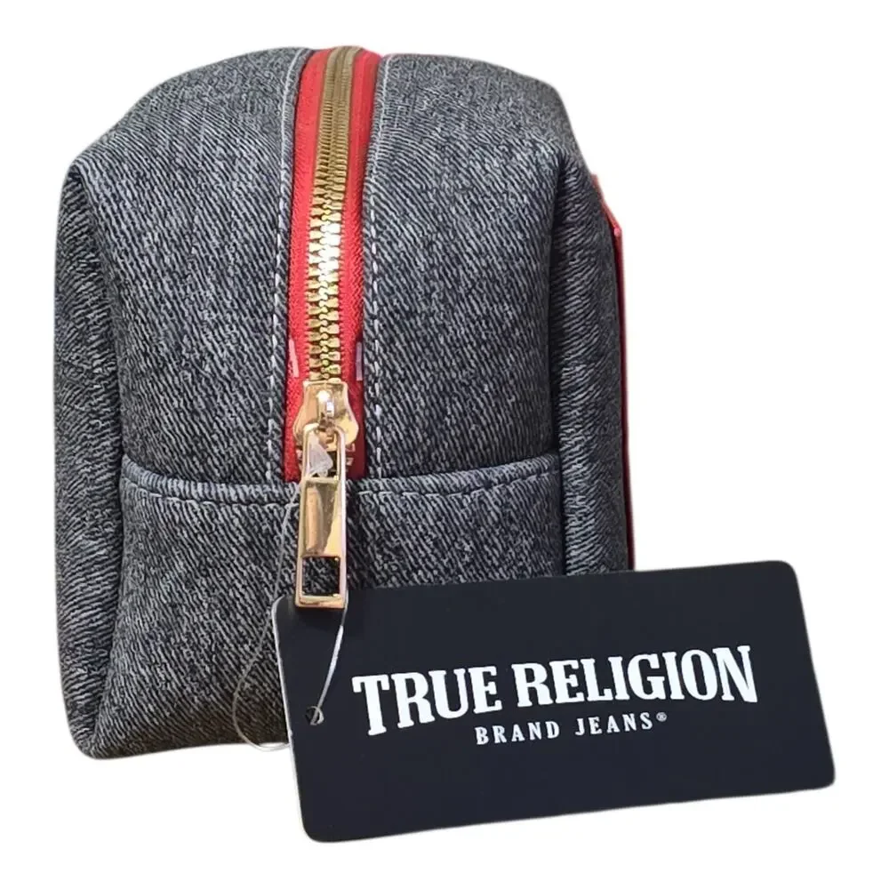 True Religion Black Heather Denim Canvas World Patch Cosmetic Travel Bag NWT